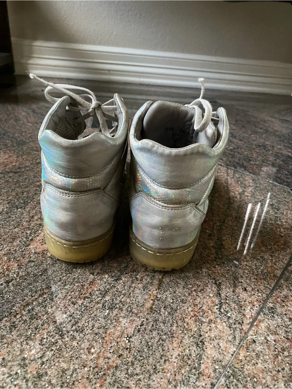 Bikkembergs Silver Holographic High-Top Leather Sneakers, Size 7